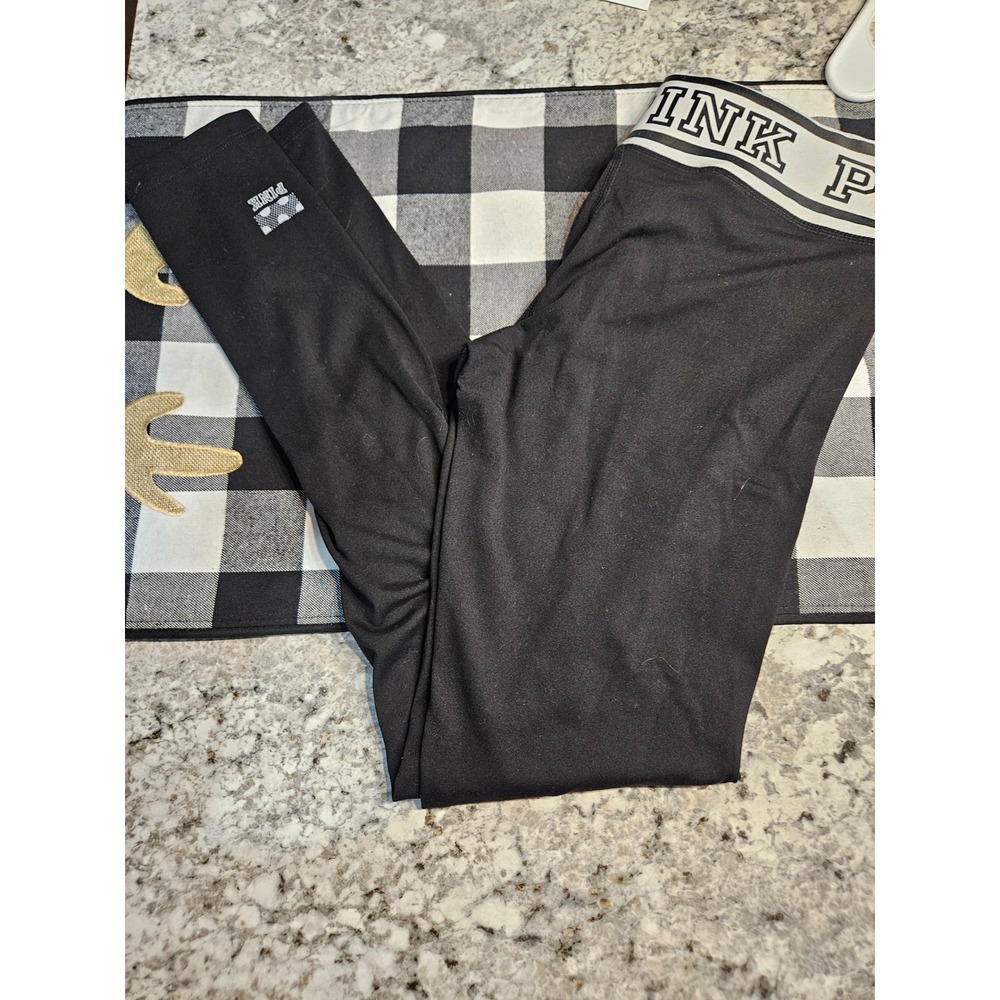 PINK by Victoria Secret Black Leggings Logo Waistband Workout Athleisure Women S